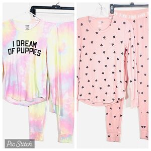 Lot of 2 Sets PINK I Dream of Puppies Lounge Set XS Pajamas HEARTS Ribbed Knit